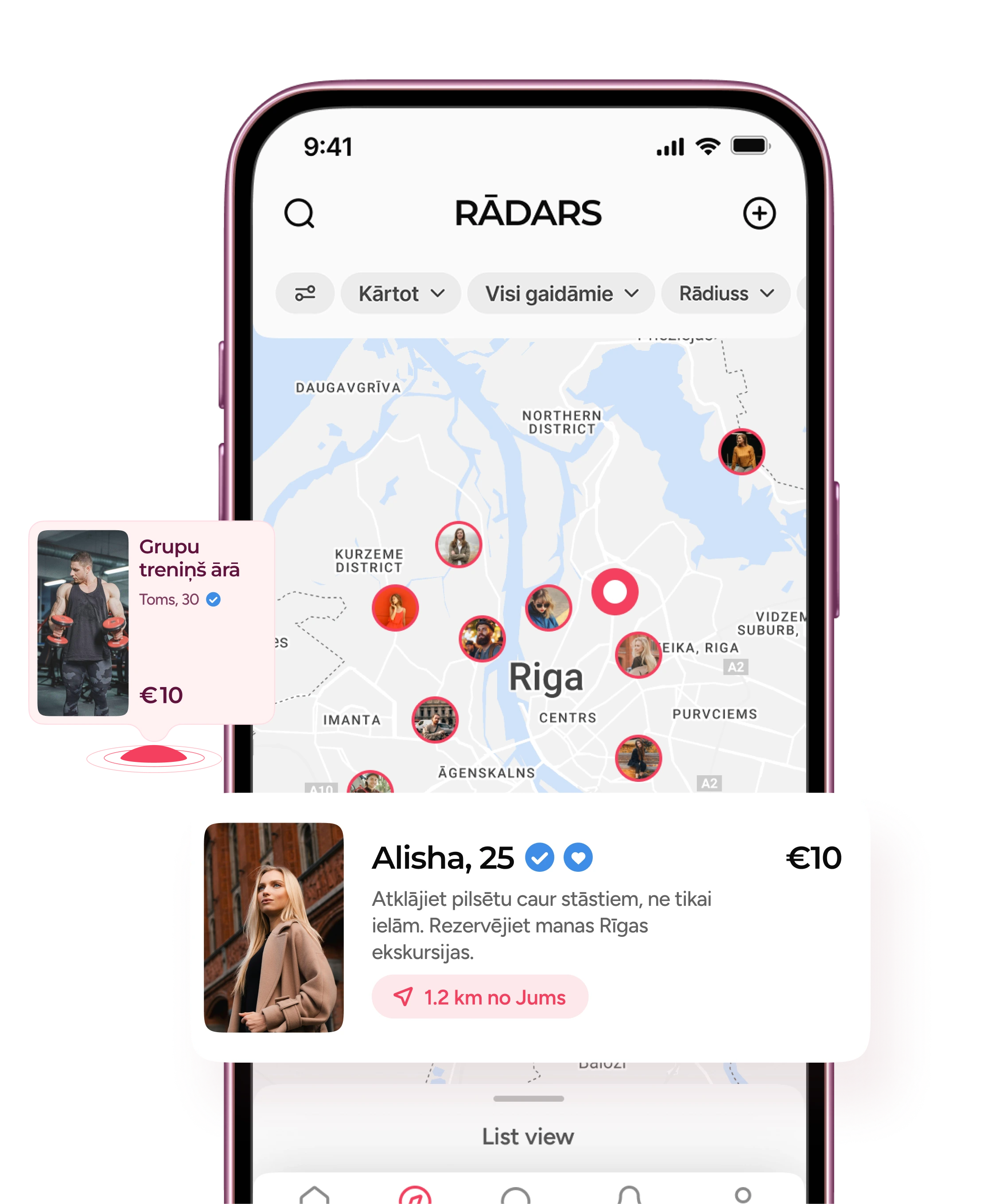 BUYONE lietotnes saskarne ar rezervācijas un pakalpojumu opcijām